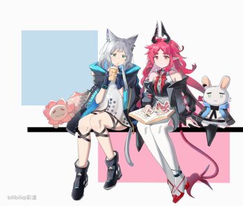 Rule 34 | 2girls, absurdres, animal ear fluff, animal ears, ankle boots, arknights, arm cutout, bare shoulders, black boots, black gloves, book, boots, cai ling, chinese commentary, closed mouth, clothing cutout, commentary request, creature, drink, drinking straw, fingerless gloves, full body, gloves, green eyes, grey hair, grey tail, highres, holding, holding drink, hood, hood down, infection monitor (arknights), knees together feet apart, long hair, long sleeves, multiple girls, nymph (arknights), open book, pantyhose, pink eyes, pink hair, pink tail, pointy ears, red shoes, rosmontis (arknights), shin strap, shoes, sitting, smile, tail, thigh strap, white pantyhose