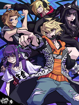 2girls 3boys animal_hood backpack bag bito_daisukenojo black_coat black_hoodie blonde_hair blue_eyes brown_eyes brown_hair cat_hood coat denim ear_piercing face_mask furesawa_tosai glasses green_ribbon grey_eyes grey_scarf hair_over_one_eye hair_ribbon headphones hime_cut hood hoodie jeans kanade_rindo lipstick makeup mask mouth_mask multicolored_hair multiple_boys multiple_girls orange_eyes orange_hoodie pants piercing pointing purple_hair ribbon sakurane_shoka scarf shin_subarashiki_kono_sekai shirt subarashiki_kono_sekai torn_clothes torn_jeans torn_pants two-tone_hair usui_nagi white_shirt