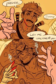 2boys blood blood_on_face bloody_weapon blush chest_hair claws clenched_teeth cuts deadpool dog_tags english_text facial_hair hand_hair highres injury katana large_pectorals looking_at_another male_focus marvel multiple_boys muscular muscular_male om85549 open_mouth pectorals short_hair speech_bubble sweatdrop sword sword_on_back tank_top teeth torn_clothes weapon weapon_on_back wolverine_(x-men) x-men x-men_film_series x-men_origins:_wolverine yaoi