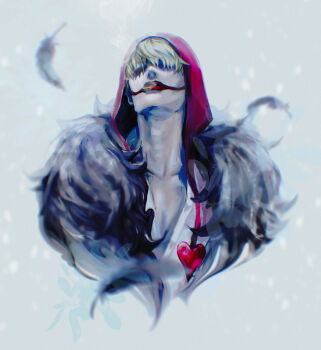 1boy black_coat black_feathers blonde_hair coat commentary_request covered_eyes donquixote_rocinante facepaint feathers hat heart highres male_focus minamoto_(tomonami_66) one_piece red_hat red_lips simple_background smoke solo upper_body