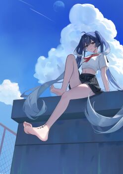 Rule 34 | 1girl, absurdres, ahoge, alternate costume, bare legs, barefoot, black sailor collar, black skirt, blue eyes, blue hair, blue sky, breasts, closed mouth, commentary, day, english text, feet, gradient hair, highres, iuno (wuthering waves), large breasts, legs, long hair, looking at viewer, midriff, multicolored hair, myumyu431, navel, neckerchief, on rooftop, outdoors, red neckerchief, sailor collar, school uniform, shirt, sitting, skirt, sky, smile, soles, solo, streaked hair, tacet mark (wuthering waves), textless version, thighs, toes, twintails, very long hair, white shirt, wuthering waves