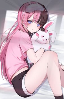 Rule 34 | 1girl, black hair, black nails, black shorts, black socks, blue eyes, closed mouth, hashtag-only commentary, highres, long hair, looking at viewer, lying, momo purin, multicolored hair, on side, pink hair, pink nails, pink shirt, pout, shirt, short shorts, short sleeves, shorts, socks, solo, split-color hair, stuffed toy, tachibana hinano, two-tone hair, virtual youtuber, vspo!