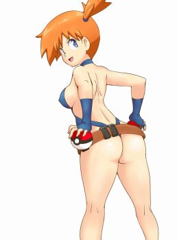 1girl :d ass asymmetrical_hair back backless_outfit bare_shoulders belt blue_eyes blue_gloves breasts choker covered_erect_nipples female_focus fingerless_gloves from_behind gen_1_pokemon gloves gym_leader hair_tie hands_on_own_hips highleg highres holding holding_poke_ball huge_ass kneepits large_breasts legs looking_at_viewer looking_back loose_belt medium_breasts misty_(pokemon) nintendo one-piece_swimsuit open_mouth orange_hair poke_ball poke_ball_(basic) pokemon pokemon:_the_electric_tale_of_pikachu pokemon_(anime) pokemon_(classic_anime) pokemon_rgby ponytail short_hair side_ponytail sideboob sleeveless smile solo standing suspenders swimsuit thick_thighs thighs tof