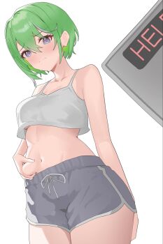 1girl arm_at_side breasts camisole cleavage closed_mouth commentary_request cowboy_shot crop_top dolphin_shorts double-parted_bangs drawstring from_below green_eyes grey_shorts hair_between_eyes highres korean_commentary long_bangs looking_down medium_breasts navel pinching_own_belly piyat short_hair short_shorts shorts simple_background small_sweatdrop solo spaghetti_strap standing stellive stomach tied_drawstring underboob virtual_youtuber weight_conscious white_background white_camisole yuzuha_riko