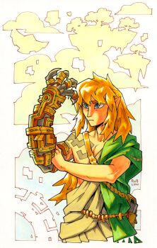 1boy absurdres archaic_set_(zelda) blonde_hair blue_eyes highres link mechanical_arms nintendo pointy_ears railroadlion shoulder_tattoo signature single_mechanical_arm solo tattoo the_legend_of_zelda the_legend_of_zelda:_tears_of_the_kingdom upper_body