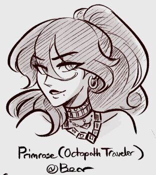 1girl bare_shoulders character_name collarbone earrings grey_background grin hair_between_eyes highres jewelry long_hair looking_at_viewer mole mole_under_mouth necklace octopath_traveler octopath_traveler_i ponytail portrait primrose_azelhart scruffyturtles smile solo