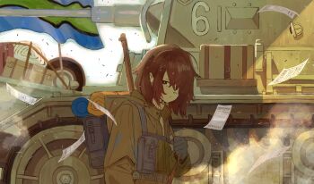 1girl absurdres backpack bag bedroll belt debris expressionless flag flag_on_vehicle flyer gun gun_on_back hair_over_one_eye highres hood hooded_jacket jacket jitome load_bearing_vest medium_hair military military_jacket military_uniform military_vehicle motor_vehicle original paper pouch red_hair rifle sakurada_kayoko tank weapon weapon_on_back