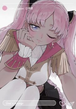 1girl black_skirt blue_eyes blush breasts catherine_sabathra close-up closed_mouth code_geass code_geass:_dakkan_no_roze collared_shirt commentary_request crop_top grey_background hand_up head_rest head_tilt highres large_breasts long_hair looking_to_the_side one_eye_closed oo_mo18 pantyhose parted_bangs pink_hair pink_lips recording shirt simple_background skirt sleeveless solo tan twintails white_pantyhose wrist_cuffs