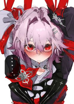 ... 1girl arms_up bdsm black_flower blush bondage bound bound_arms closed_mouth colored_eyebrows commentary_request evernight_(honkai:_star_rail) flower hair_flower hair_ornament heart highres honkai:_star_rail honkai_(series) long_sleeves looking_at_viewer looking_up march_7th_(honkai:_star_rail) pink_hair red_eyes red_flower shirt simple_background tyun_tyun333 white_background white_shirt