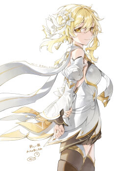 1girl absurdres arms_behind_back artist_name bare_shoulders blonde_hair boots breasts brown_boots clenched_hand closed_mouth commentary_request coppepan cowboy_shot dated detached_sleeves dress earrings floating_clothes flower from_side genshin_impact gold_trim hair_between_eyes hair_flower hair_ornament highres jewelry juliet_sleeves long_sleeves looking_at_viewer lumine_(as_heaven_and_earth_are_made_anew)_(genshin_impact) lumine_(genshin_impact) medium_breasts official_alternate_costume puffy_sleeves scarf short_hair sidelocks simple_background single_earring sleeveless sleeveless_dress smile solo standing tassel tassel_earrings thigh_boots wavy_hair white_background white_dress white_flower white_scarf white_sleeves wide_sleeves yellow_eyes