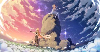1boy 1girl absurdres aether_(genshin_impact) blonde_hair blue_sky cloud cloudy_sky dress flower gauntlets genshin_impact grass hair_flower hair_ornament highres lumine_(genshin_impact) midriff night night_sky rock scenery shooting_star sitting sky sparkle_background standing star_(sky) starry_sky sunset syue11 white_dress white_flower