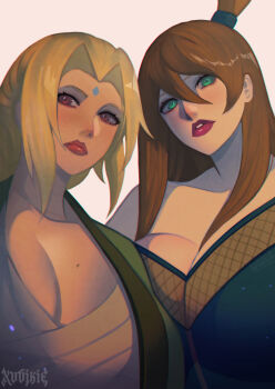2girls absurdres artist_name blonde_hair blue_dress breasts brown_hair cleavage closed_mouth commentary dress facial_mark forehead_mark green_eyes green_haori hair_between_eyes haori high_ponytail highres japanese_clothes large_breasts long_hair looking_at_viewer mature_female multiple_girls naruto_(series) naruto_shippuuden parted_lips ponytail red_lips terumi_mei tsunade_(naruto) xuuikie_ashe