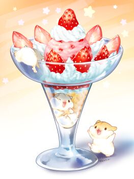 animal dated food food_focus fruit hamster highres ice_cream in_food karikankan no_humans open_mouth original parfait star_(symbol) strawberry