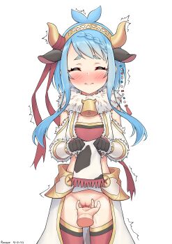 Rule 34 | 1girl, absurdres, animal ears, animal print, bell, blue hair, blush, cleft of venus, closed eyes, cow ears, cow print, cowbell, fingering, flat chest, headband, highres, lifting own clothes, mahiru (princess connect!), mahiru (ranger) (princess connect!), panties, princess connect!, pussy, pussy juice, ruinone, star-shaped pupils, star (symbol), symbol-shaped pupils, underwear