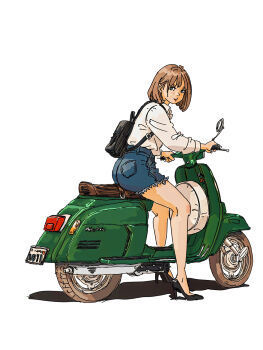 1girl backpack bag black_eyes blue_shorts brown_hair collared_shirt commentary_request cutoffs denim denim_shorts from_behind full_body furusf hair_behind_ear handlebar high_heels highres long_sleeves looking_at_viewer looking_back moped motor_vehicle original pumps riding shadow shirt shirt_tucked_in short_hair shorts simple_background sitting solo white_background