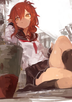 1girl absurdres black_sailor_collar black_skirt black_socks brown_hair closed_mouth commentary folded_ponytail hair_between_eyes highres inazuma_(kancolle) kaamin_(mariarose753) kantai_collection kneehighs long_sleeves miniskirt neckerchief orange_eyes red_neckerchief rigging sailor_collar school_uniform serafuku sitting skirt socks solo