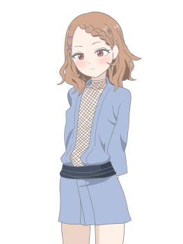 1girl arms_behind_back blue_kimono blush brown_eyes brown_hair closed_mouth collarbone cosplay cowboy_shot dot_nose expressionless eyelashes female_focus fishnet_top fishnets houjou_(takagi-san) japanese_clothes karakai_jouzu_no_takagi-san kimono kunoichi_tsubaki_no_mune_no_uchi loli long_sleeves looking_at_viewer matching_hair/eyes medium_hair mokuren_(kunoichi_tsubaki_no_mune_no_uchi) mokuren_(kunoichi_tsubaki_no_mune_no_uchi)_(cosplay) mole mole_under_eye picture_bastard short_kimono simple_background solo standing variant_set white_background