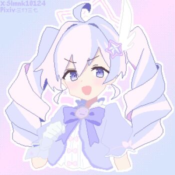 1girl :d ahoge blue_archive bow bowtie commentary_request cropped_torso double-parted_bangs drill_hair gloves hair_between_eyes hair_ornament halo hand_up highres long_hair looking_at_viewer magical_girl multicolored_hair official_alternate_costume open_mouth outline pink_background pink_hair pink_halo pixel_art puffy_short_sleeves puffy_sleeves purple_background purple_bow purple_bowtie purple_eyes purple_hair reisa_(blue_archive) reisa_(magical)_(blue_archive) short_sleeves slmnk10124 smile solo star_(symbol) star_hair_ornament star_halo twin_drills twintails two-tone_background two-tone_hair v-shaped_eyebrows white_gloves white_outline