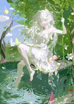 1girl absurdres animal_ears apple bandaged_arm bandaged_leg bandaged_neck bandages bare_shoulders barefoot blue_flower blue_sky book bow bug butterfly castle closed_mouth cloud cloud_hair_ornament collarbone colored_eyelashes day dress dress_bow dress_flower expressionless feet fish flower flower_facial_mark food foot_out_of_frame frilled_dress frills fruit goldfish grapes green_apple hair_between_eyes hair_flower hair_ornament hairclip highres insect leaf leg_up light_frown lily_(flower) long_hair looking_at_viewer loose_hair_strand marking_on_cheek on_swing open_book orange_flower orange_rose original outdoors pansy pine_tree pink_eyes pink_flower pink_rose plate pond rabbit_ears rain rainbow ribbon ripples rose short_dress sitting sky sleeveless sleeveless_dress soaking_feet solo spaghetti_strap sugar_cube sun swing swing_set swinging third-party_source toes tree vase vihua6 watermark watermelon watermelon_slice weibo_watermark white_bow white_butterfly white_dress white_flower white_hair white_ribbon x_hair_ornament