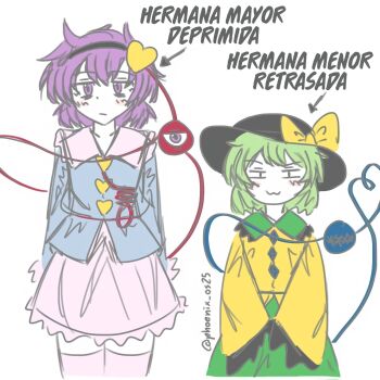 2girls :3 anatomy_of_a_gamer_(meme) arms_at_sides arrow_(symbol) black_hairband black_hat blouse blue_shirt blush bow buttons contrast_collar cowboy_shot diamond_button dot_nose expressionless eyeball frilled_shirt_collar frilled_skirt frilled_sleeves frills green_hair green_skirt hair_ornament hairband hard-translated hard-translated_(non-english) hat hat_bow heart heart_button heart_hair_ornament heart_of_string highres komeiji_koishi komeiji_satori legs_together meme messy_hair multiple_girls no_nose no_sclera non-web_source pink_skirt pink_thighhighs purple_eyes purple_hair shirt sketch skirt sleeves_past_fingers sleeves_past_wrists smug spanish_text standing stitched_eye straight-on string sun_hat thighhighs third-party_edit third-party_source third_eye touhou translated v-neck watermark white_background white_skirt yellow_bow yellow_shirt