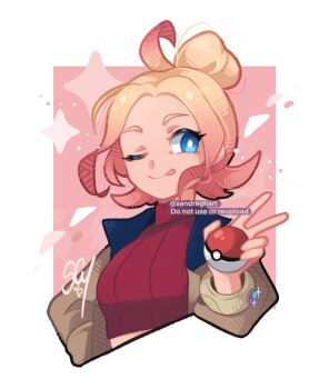 1girl blonde_hair blue_eyes breasts brown_jacket closed_mouth crop_top cropped_shirt gradient_hair hair_bun highres holding holding_poke_ball jacket long_sleeves looking_at_viewer multicolored_hair nintendo one_eye_closed open_clothes open_jacket pink_hair poke_ball poke_ball_(basic) pokemon pokemon_legends:_z-a red_shirt ribbed_shirt sandragh shirt smile solo taunie_(pokemon) tongue tongue_out turtleneck upper_body v