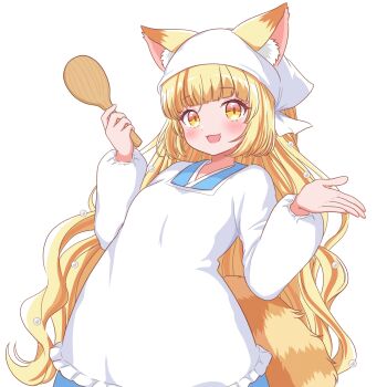Rule 34 | 1girl, :d, animal ears, apron, blonde hair, cat ears, cat girl, cat tail, ears through headwear, headscarf, highres, kagunya, kappougi, long hair, long sleeves, looking at viewer, multicolored hair, nyamamugi tart, nyantasia, open mouth, orange hair, sanrio, shamoji, smile, streaked hair, tail, transparent background, very long hair, virtual youtuber, white headscarf, yellow eyes