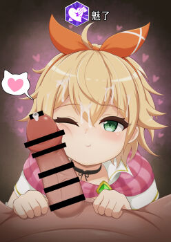 1boy 1girl absurdres ahoge bar_censor black_choker blonde_hair bow bow_hairband brown_background cat_(saga) censored choker commentary_request cum cum_on_body ejaculation facejob facial flat_chest green_eyes hair_between_eyes hair_ribbon hairband heart highres looking_at_viewer nagihori one_eye_closed orange_bow penis_on_face pink_scarf pointless_censoring pov pov_crotch ribbon romancing_saga_2 saga scarf shirt short_hair smile solo_focus status_effect translation_request white_shirt