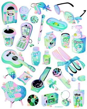aqua_theme bathtub bottle camera can candy cellphone cellphone_charm chair charm_(object) claw_foot_bathtub container cutlery disco_ball drink drink_can english_text flip_phone food fork glasses guitar highres ice_cream instrument juice_box jukebox knife liquid lollipop microphone moyaco original pastel_colors phone rubber_duck shell soda_can solid_circle_eyes solid_eyes umbrella watch wristwatch