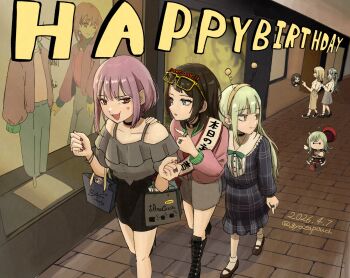 Rule 34 | antennae, aqua hair, ave mujica (bang dream!), bag, bang dream!, bang dream! it's mygo!!!!!, birthday glasses, black boots, black choker, black hair, black shoes, black skirt, blonde hair, blue dress, blue eyes, boots, bracelet, breasts, brown shoes, brown skirt, choker, collarbone, dated, dress, fake antennae, fingernails, green hair, grey shirt, grey skirt, gyozapouch, hairband, handbag, happy birthday, hat, highres, jewelry, large breasts, long hair, long sleeves, mary janes, medium breasts, misumi uika, mortis (bang dream!), mortis (persona) (bang dream!), nail polish, open mouth, outdoors, pencil skirt, pink sweater, plaid clothes, plaid dress, pointing, purple hair, red eyes, red hat, ring, shirt, shoes, short hair, skirt, socks, stuffed toy, sweater, togawa sakiko, twintails, wakaba mutsumi, wakaba mutsumi (doll), walking, white socks, window, yahata umiri, yellow-framed eyewear, yuutenji nyamu