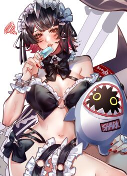 1girl 1other absurdres bangboo_(zenless_zone_zero) bare_shoulders bikini black_ribbon blush breasts colored_inner_hair ellen_joe fins fish_tail food frilled_wristband hairband highres holding holding_food holding_popsicle ice_cream looking_at_viewer maid maid_bikini maid_headdress melting_popsicle metal_hairband mole mole_under_eye multicolored_hair navel open_mouth popsicle razor_blade_hair_ornament red_eyes red_nails ribbon scar scar_on_tail shark_girl shark_tail sharkboo_(zenless_zone_zero) sharp_teeth siiii_0s sitting spiked_headband sticker stomach sweat swimsuit tail teeth thigh_strap unconventional_maid weapon weapon_on_back white_background zenless_zone_zero