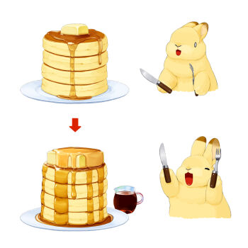 animal animal_focus arrow_(symbol) butter butter_knife commentary_request food fork holding holding_fork holding_knife knife lilac_(p-f_easy) maple_syrup no_humans original pancake pancake_stack rabbit souffle_pancake syrup