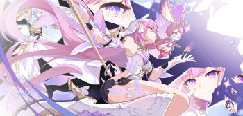 1girl absurdres artist_name black_shorts blue_eyes boots breasts chinese_commentary commentary_request company_connection corset cyrene_(honkai:_star_rail) cyrene_(ripples_of_past_reverie)_(honkai:_star_rail) diamond-shaped_pupils diamond_(shape) elf elysia_(herrscher_of_human:_ego)_(honkai_impact) elysia_(honkai_impact) gloves hair_ornament highres holding holding_staff honkai:_star_rail honkai_(series) honkai_impact_3rd inoue_marina kolimiya large_breasts long_hair mem_(honkai:_star_rail) pink_hair pointy_ears purple_eyes quill shorts staff star-shaped_pupils star_(symbol) symbol-shaped_pupils thighs trait_connection very_long_hair voice_actor_connection white_boots white_corset white_gloves yanning