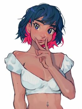 1girl artist_self-insert black_hair blue_eyes breasts breasts_apart colored_inner_hair crop_top hand_up looking_at_viewer margaret_h medium_breasts midriff mole mole_on_arm multicolored_hair navel navel_piercing off-shoulder_shirt off_shoulder original piercing pink_hair shadow shirt simple_background solo two-tone_hair upper_body white_background white_shirt