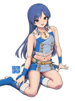 1girl absurdres artist_name belt blue_bow blue_hair blue_skirt blue_vest boots bow brown_eyes collared_vest culton flat_chest full_body gold_belt high_heel_boots high_heels highres idolmaster idolmaster_(classic) jewelry kisaragi_chihaya knee_boots long_hair looking_at_viewer luxury_(idolmaster) midriff miniskirt navel necklace official_alternate_costume open_mouth simple_background sitting skirt smile solo vest white_background yokozuwari