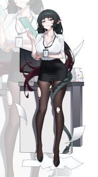 1girl absurdres alternate_costume animal_ears b1n_(b1n982079) black_hair black_shoes black_skirt breasts cleavage collared_shirt commentary desk dress_shirt earrings full_body green_eyes high_heels highres holding id_card indoors jane_doe_(zenless_zone_zero) jewelry large_breasts long_hair long_tail looking_at_viewer monitor mouse_ears mouse_girl mouse_tail multicolored_hair office_lady open_clothes pantyhose paper parted_lips pencil_skirt pumps red_hair sharp_tail shirt shirt_tucked_in shoes simple_background skirt sleeves_rolled_up standing tail tail_around_own_leg torn_clothes torn_pantyhose white_background white_shirt zenless_zone_zero zoom_layer