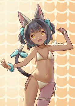 1girl ancient_egyptian animal_ear_fluff animal_ears artist_name bare_arms bare_legs bare_shoulders bikini black_tail bow cat_ears cat_girl cat_tail commentary_request cowboy_shot dark-skinned_female dark_skin dot_nose flat_chest gumi_imup highres brown_egyptian_cat-eared_loli_(trend) navel open_mouth original short_eyebrows short_hair signature solo stomach swimsuit tail tail_bow tail_ornament thigh_strap white_bikini yellow_eyes