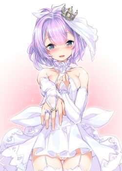 1girl :d azur_lane blue_eyes blush bridal_gauntlets bridal_veil cleft_of_venus collarbone commentary_request dress female_focus garter_straps gloves gluteal_fold hair_ribbon harigane_shinshi highres javelin_(azur_lane) jewelry looking_at_viewer open_mouth ornate_ring panties pantyshot purple_hair reaching reaching_towards_viewer ribbon ring short_hair sketch smile solo sparkle standing tearing_up thighhighs underwear veil wedding_dress wedding_ring wedgie white_dress white_gloves white_thighhighs