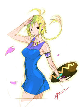 Rule 34 | 1girl, antenna hair, archived source, armband, armpits, artist name, bandaid, bandaid on shoulder, bare shoulders, black eyes, blonde hair, blue armband, blue dress, blush, bracelet, braid, breasts, closed mouth, commentary request, covered erect nipples, cowboy shot, dress, earrings, holding, jewelry, korean commentary, long hair, low-braided long hair, low-tied long hair, medium breasts, narrow waist, necklace, object request, opon, original, pink petals, pointy ears, signature, single bare arm, skinny, sleeveless, sleeveless dress, solo, twisted torso