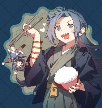 Rule 34 | 2girls, alternate costume, arm ribbon, black haori, blue dress, blue eyes, blue hair, blush, bowl, chibi, chinese commentary, chopsticks, commentary request, dress, drooling, furahata gen, haori, highres, himemushi momoyo, holding, holding bowl, holding chopsticks, iizunamaru megumu, japanese clothes, long hair, long sleeves, mini person, minigirl, mouth drool, multiple girls, open mouth, orange ribbon, ribbon, rice bowl, second-party source, sharp teeth, teeth, touhou, wide sleeves