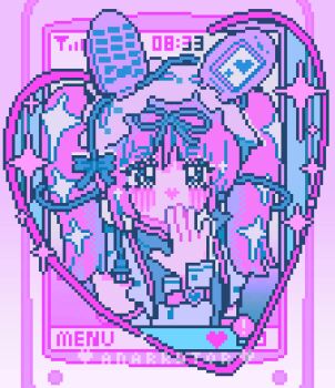 1girl animal_ears animated animated_gif apangbai_(anarrator) apron artist_name belt belt_buckle blue_bow blue_eyes blue_ribbon blue_shirt blush bow buckle cable cellphone chinese_commentary closing_eyes commentary_request covering_own_mouth ear_wiggle eyelashes flip_phone frilled_apron frills hair_bow hair_ribbon heart heart-shaped_buckle highres looping_animation original pastel_colors phone pink_background pink_belt pixel_art rabbit_ears ribbon shirt sleeveless sleeveless_shirt solo straight-on timestamp turtleneck turtleneck_shirt upper_body watermark white_apron white_arm_warmers wrist_belt