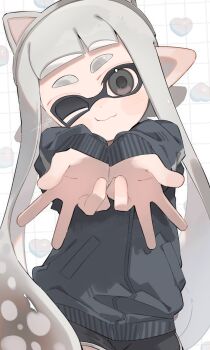 Rule 34 | 1girl, animal ear hairband, animal ears, black eyes, black shorts, black sweater, cat ear hairband, cat ears, closed mouth, commentary, double w, fake animal ears, grey hair, grid background, hairband, heart, highres, inkling, inkling girl, inkling player character, long hair, looking at viewer, nintendo, one eye closed, sabata saba, shorts, signature, sleeves past wrists, solo, splatoon (series), splatoon 3, sweater, tentacle hair, w