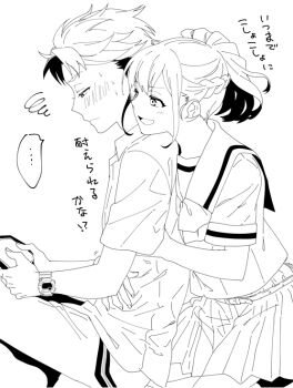 Rule 34 | 1boy, 1girl, blush, braid, chuo tanegashima high school uniform, commentary request, couple, greyscale, half up braid, hug, hug from behind, ikuhashi muiko, kneehighs, kneeling, long hair, monochrome, open mouth, pleated skirt, ponytail, robotics;notes, school uniform, science adventure, senomiya akiho, short hair, short sleeves, simple background, sitting, skirt, smile, smug, socks, summer uniform, tongue, watch, white background, wristwatch, yashio kaito