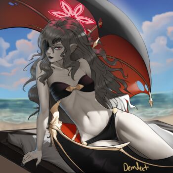 1girl alternate_costume animal_ears bare_arms bare_legs bare_shoulders bat_ears bat_wings bikini black_bikini black_lips black_nails breasts cloud commentary demdeet embla_(fire_emblem) english_commentary eyepatch fire_emblem fire_emblem_heroes gluteal_fold highres lace-trimmed_eyepatch long_hair looking_at_viewer messy_hair nintendo ocean outdoors red_eyes skinny sky small_breasts solo sommie_(fire_emblem) swimsuit thighs white_hair wings