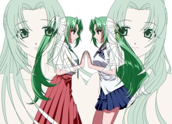 Rule 34 | 2000s (style), 2girls, anime coloring, blue bow, blue bowtie, blue skirt, bow, bowtie, closed mouth, collared shirt, curtained hair, faux retro artstyle, floating clothes, from side, green eyes, green hair, green necktie, hair ribbon, half updo, hand on another's hand, highres, higurashi no naku koro ni, long hair, long skirt, looking at another, looking to the side, middle part, miniskirt, multiple girls, necktie, open mouth, overlapped images, parted lips, pleated skirt, ponytail, projected inset, rain bw d, red skirt, ribbon, school uniform, shirt, shirt tucked in, short sleeves, siblings, sidelocks, sisters, skirt, smile, sonozaki mion, sonozaki shion, striped bow, striped bowtie, striped clothes, twins, untucked shirt, very long hair, white background, white shirt, wing collar, yellow ribbon