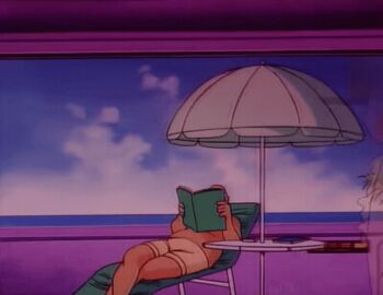 1990s_(style) 1992 age_difference animated animated_gif apron ass bald brown_hair chair cup deck_chair drinking_glass fake_banner fat fat_man folding_chair long_hair lounge_chair lowres lying naked_apron nude old old_man older_male_and_younger_female prostitution retro_artstyle serving serving_tray table umbrella waitress walking youjuu_sensen_adventure_kid