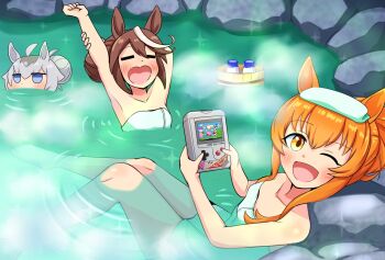 animal_ears aonoji armpit_crease armpits blush breasts brown_hair grey_hair hair_between_eyes handheld_game_console high_ponytail highres horse_ears horse_girl kirby kirby&#039;s_dream_land_2 kirby_(series) long_hair looking_at_viewer mayano_top_gun_(umamusume) multicolored_hair multiple_girls nintendo oguri_cap_(umamusume) onsen open_mouth orange_eyes orange_hair ponytail smile streaked_hair tokai_teio_(umamusume) towel two-tone_hair umamusume white_hair yawning