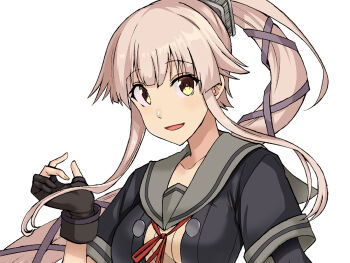 1girl black_gloves black_jacket brown_hair commentary_request gloves grey_sailor_collar hair_flaps hair_ribbon jacket kantai_collection long_hair looking_at_viewer neck_ribbon partially_fingerless_gloves pink_hair ponytail red_ribbon ribbon sailor_collar school_uniform serafuku short_sleeves smile solo tsuji_kazuho upper_body very_long_hair yura_(kancolle) yura_kai_ni_(kancolle)