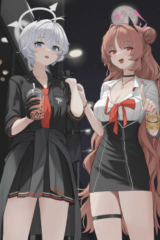 2girls absurdly_long_hair absurdres black_gloves black_jacket black_shirt black_skirt blue_archive blue_eyes breasts cleavage clothes_around_waist collared_shirt commentary demon_girl demon_horns dolri double_bun drink erika_(blue_archive) fingernails gloves grey_hair hair_bun halo high-waist_skirt highres holding holding_drink horns jacket jacket_around_waist kirara_(blue_archive) large_breasts long_fingernails long_hair looking_at_viewer multiple_girls necktie pencil_skirt pink_hair pink_halo pink_nails pleated_skirt red_eyes red_necktie red_ribbon ribbon shirt short_hair skirt very_long_hair white_halo white_shirt