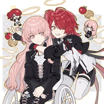 2girls alternate_hairstyle apple apple_pie arknights bi_pimo black_gloves black_jacket black_shorts boots chibi chibi_inset closed_mouth detached_wings energy_wings exusiai_(arknights) exusiai_the_new_covenant_(arknights) fingerless_gloves food fruit gloves grin hair_over_one_eye halo highres hug hug_from_behind jacket lemuen_(arknights) long_hair long_sleeves looking_at_viewer multiple_girls one_side_up open_clothes open_jacket pie pink_eyes pink_hair red_hair shirt short_hair shorts sitting smile thighhighs v wheelchair white_shirt wings yellow_eyes