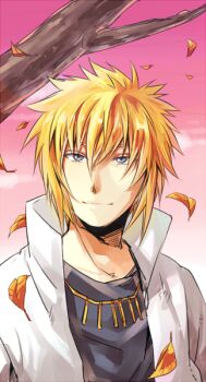 1boy blonde_hair blue_eyes branch commentary_request eyebrows_hidden_by_hair jacket jewelry leaf male_focus namikaze_minato naruto_(series) necklace portrait purple_sky shikaobing sky smile solo white_jacket